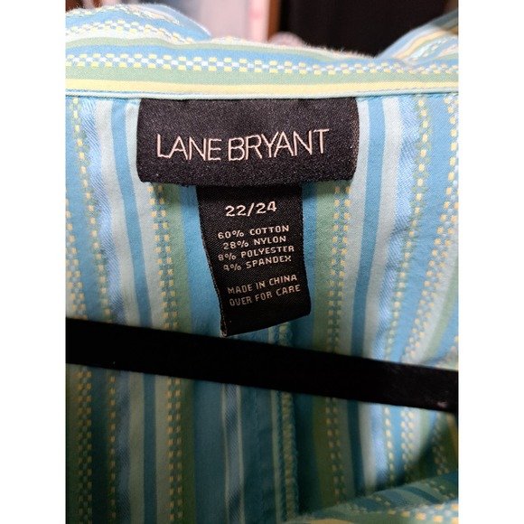 Early 2000 Y2K Lane Bryant Blue Green stripe summer button up collar shirt 22/24 - Picture 5 of 6